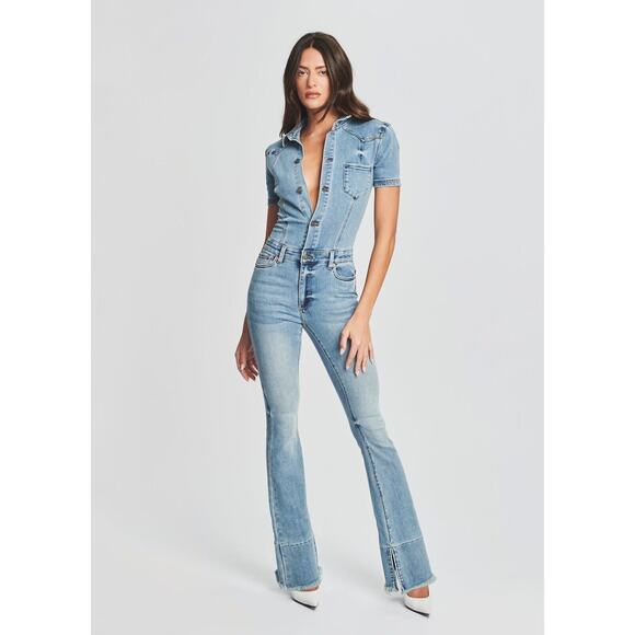 SER.O.YA Womens Size Small Blue Fallon Denim Flare Jumpsuit Split Raw Hem NWT - Picture 1 of 16